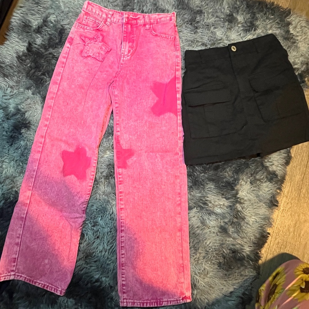 Girls size 12 SHEIN pink jeans and black skirt